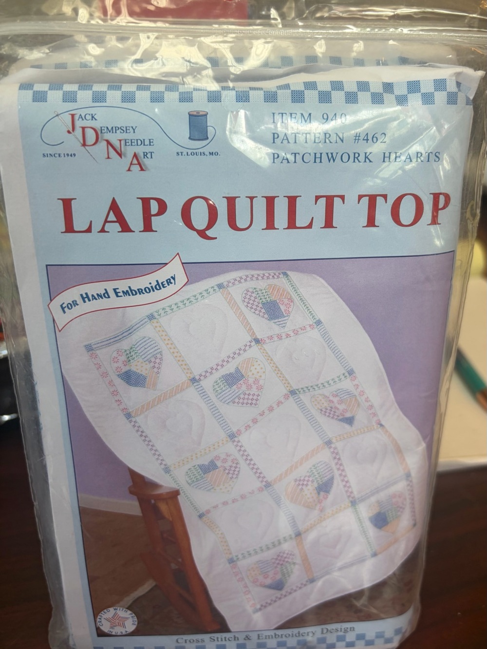 Jack Dempsey Lap Quilt Top - White with Pastel Patchwork Hearts pattern # 462